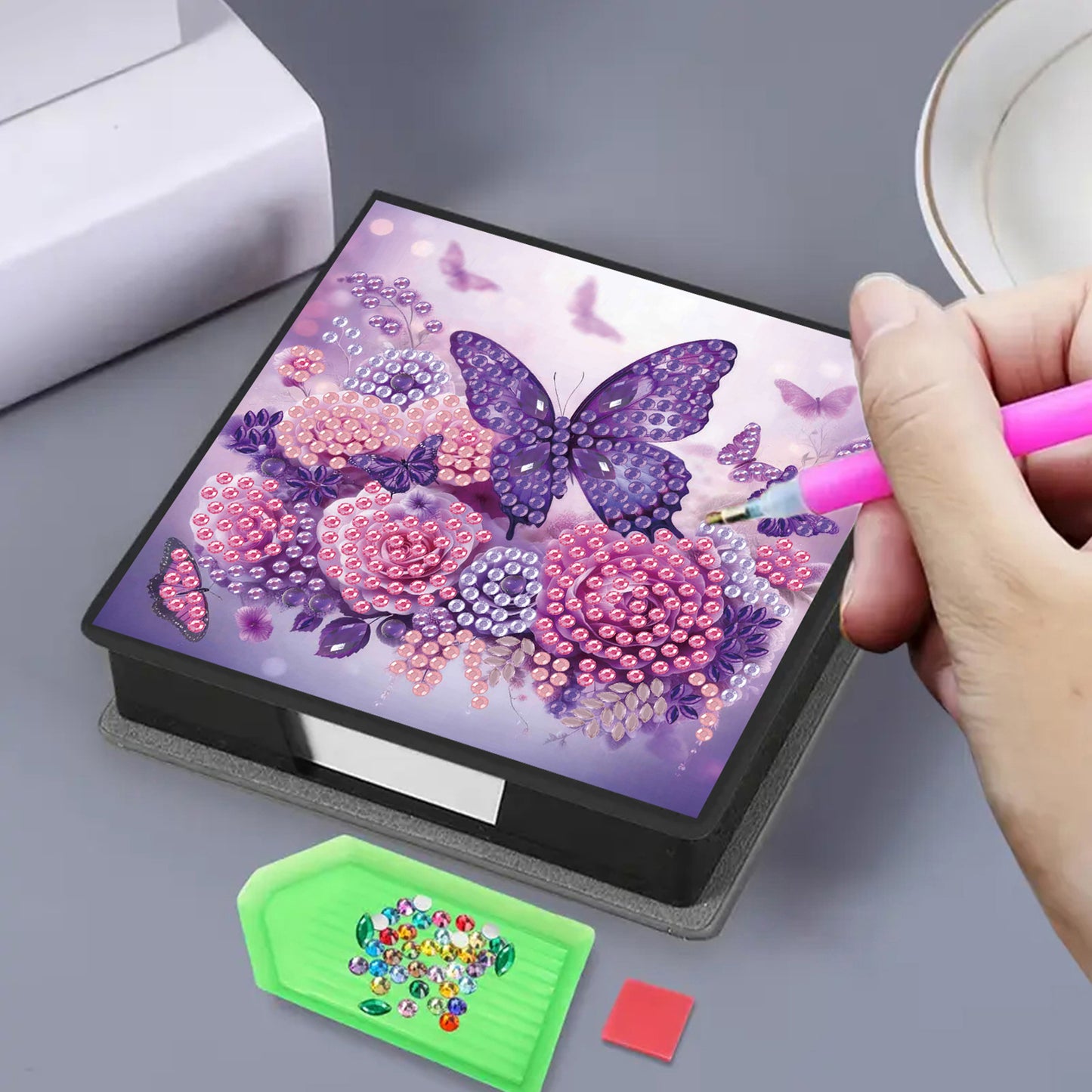 Flower 5D DIY PU Diamond Painting Kit Note Box with 160 Sheets Paper Memo Holder
