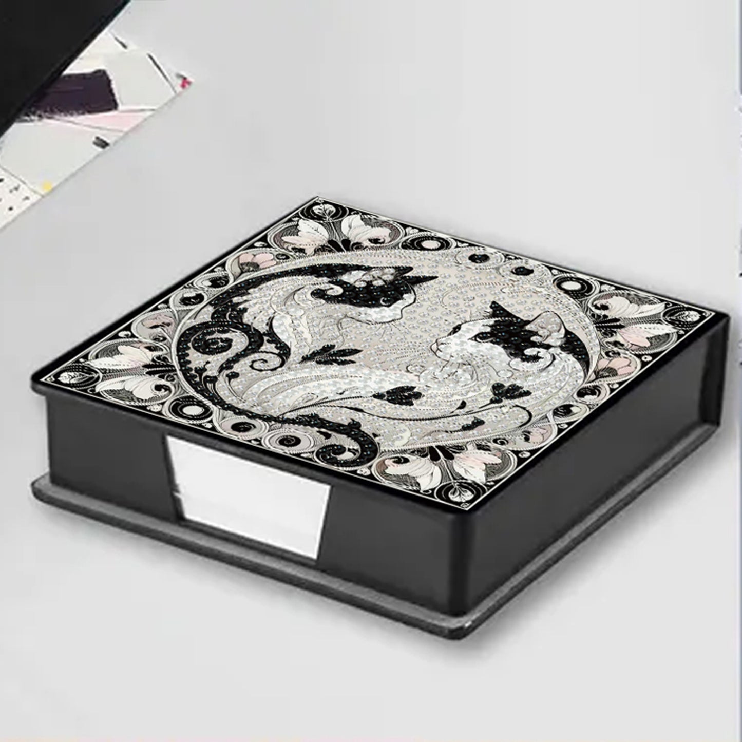 Cat 5D DIY PU Diamond Painting Kit Note Box with 160 Sheets Paper Memo Holder