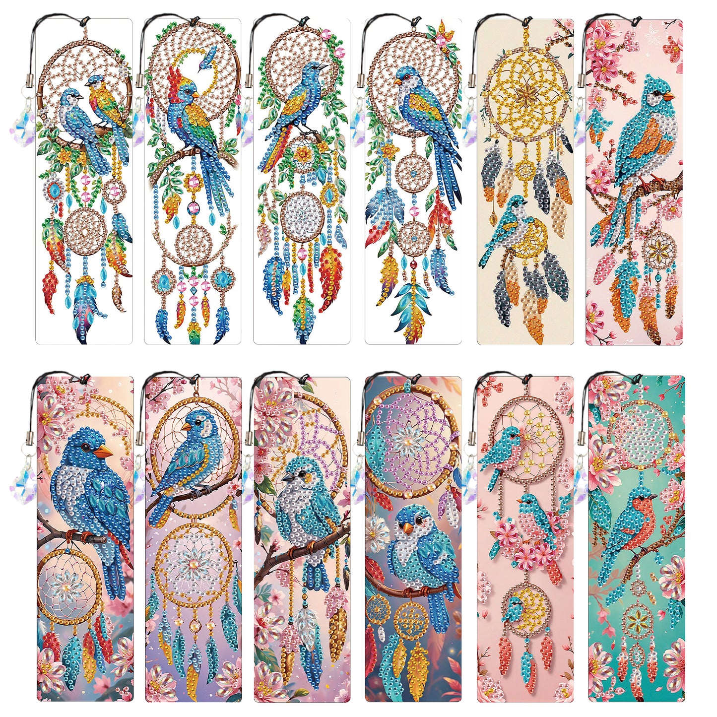 12Pcs Bluebird DIY Diamond Painting Bookmark with Crystal Pendant for Readers