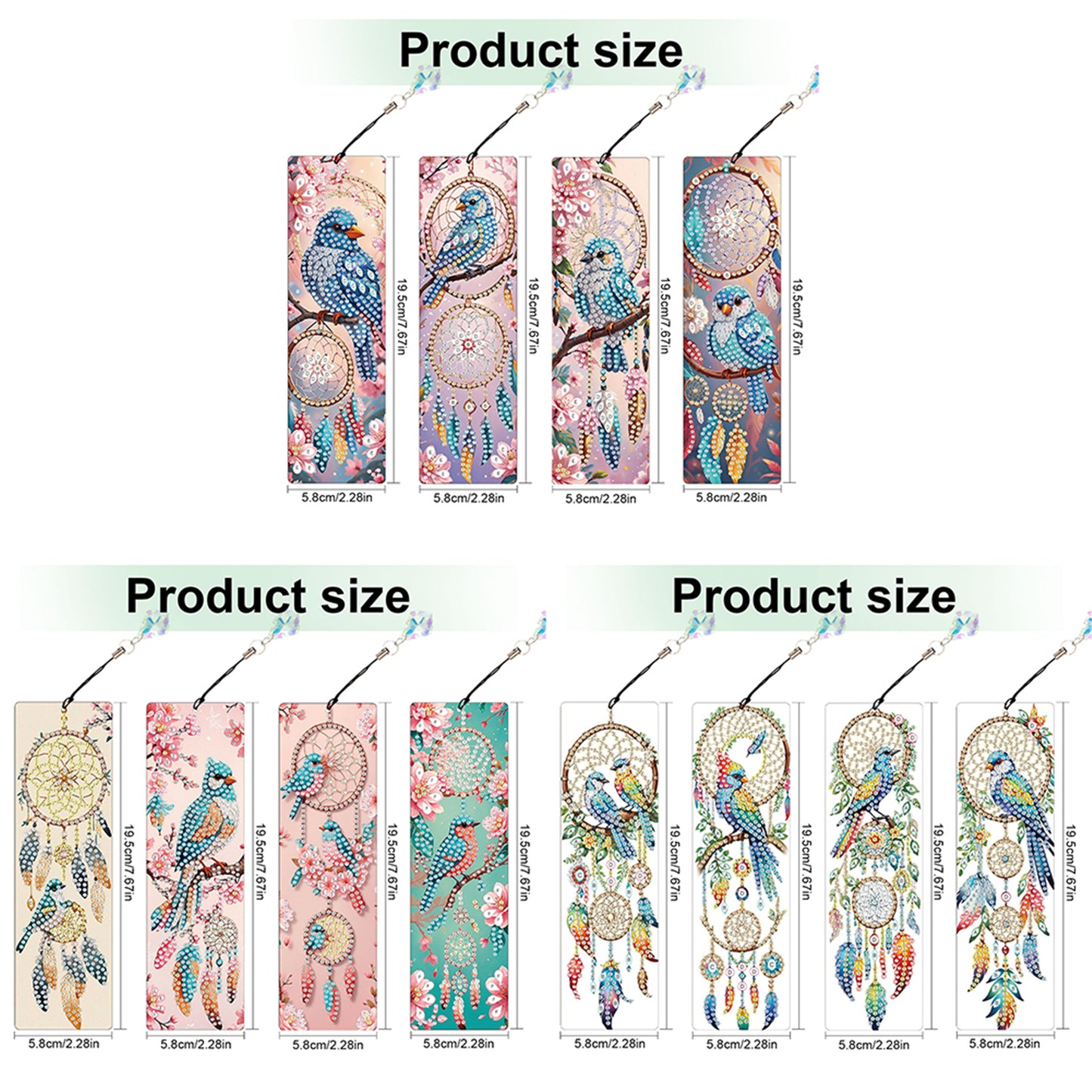 12Pcs Bluebird DIY Diamond Painting Bookmark with Crystal Pendant for Readers