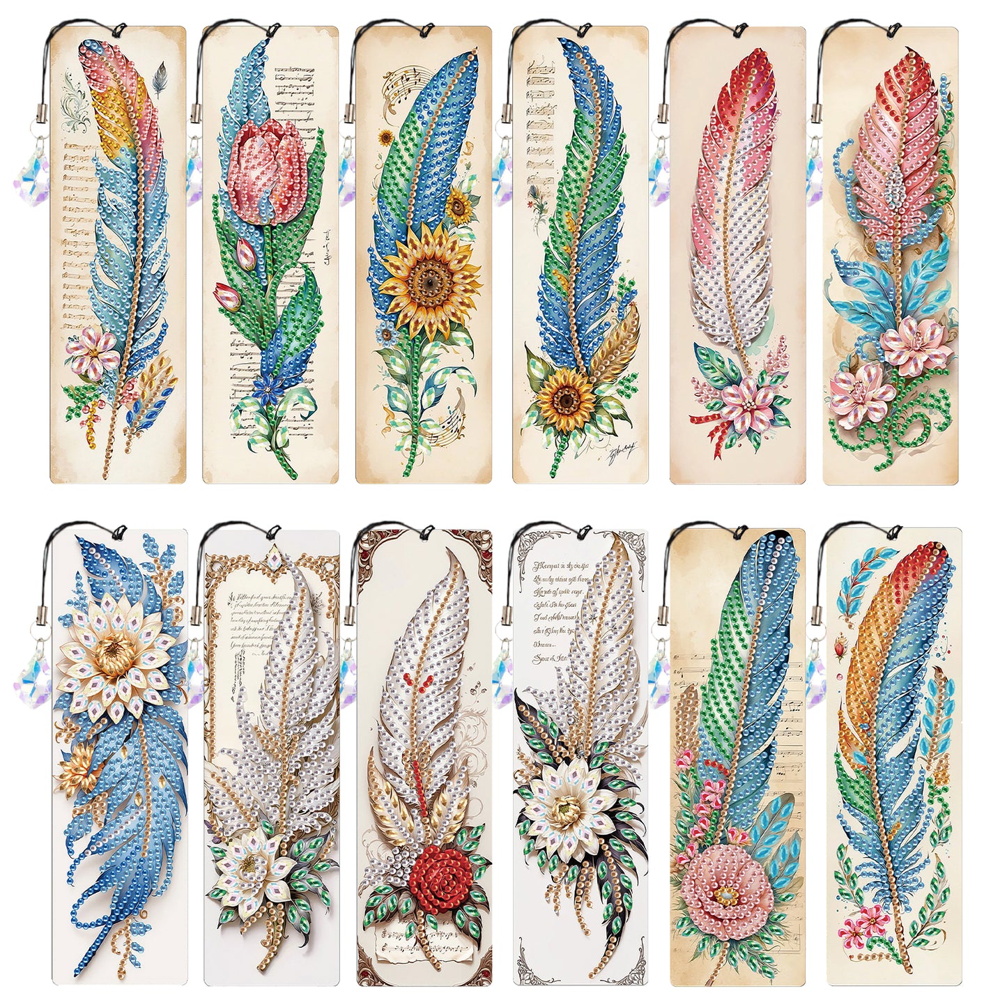 12Pcs Feathers DIY Diamond Painting Bookmark with Crystal Pendant for Readers