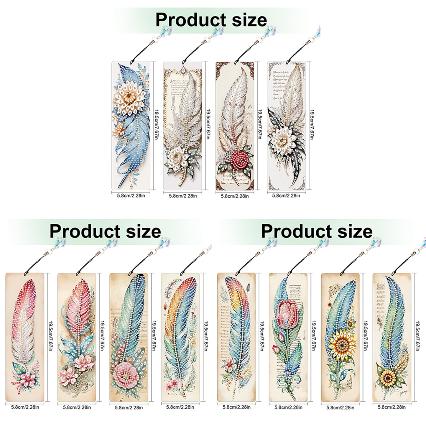 12Pcs Feathers DIY Diamond Painting Bookmark with Crystal Pendant for Readers
