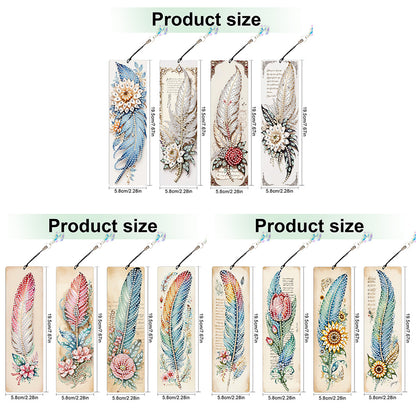12Pcs Feathers DIY Diamond Painting Bookmark with Crystal Pendant for Readers