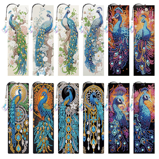 12Pcs Peacock DIY Diamond Painting Bookmark with Crystal Pendant for Readers