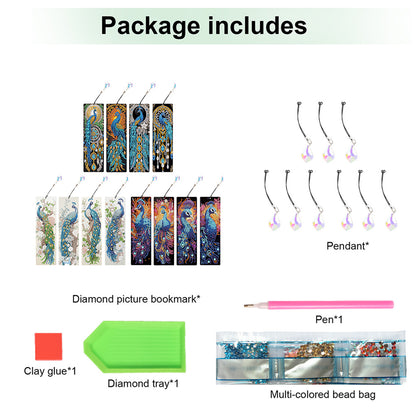 12Pcs Peacock DIY Diamond Painting Bookmark with Crystal Pendant for Readers