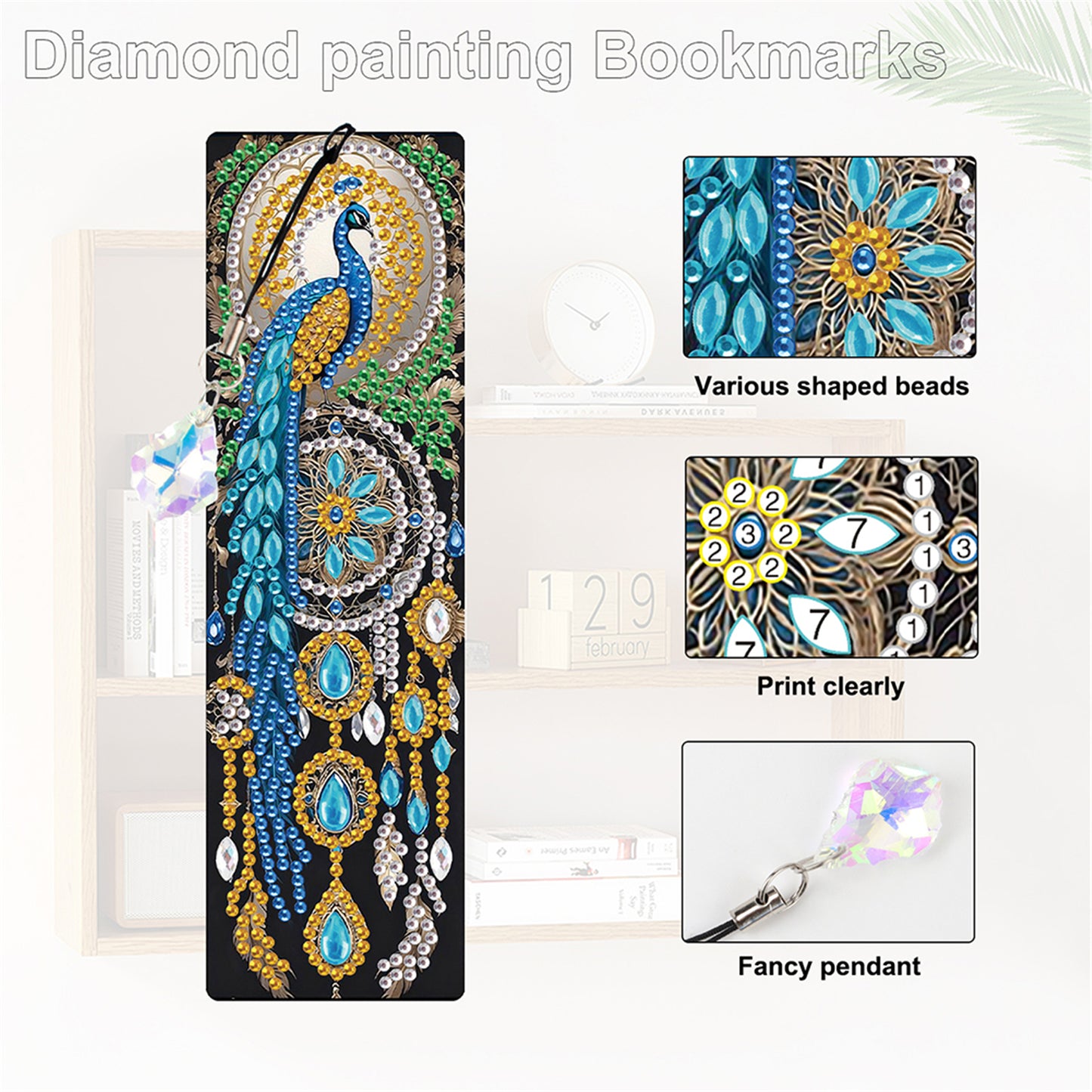 12Pcs Peacock DIY Diamond Painting Bookmark with Crystal Pendant for Readers