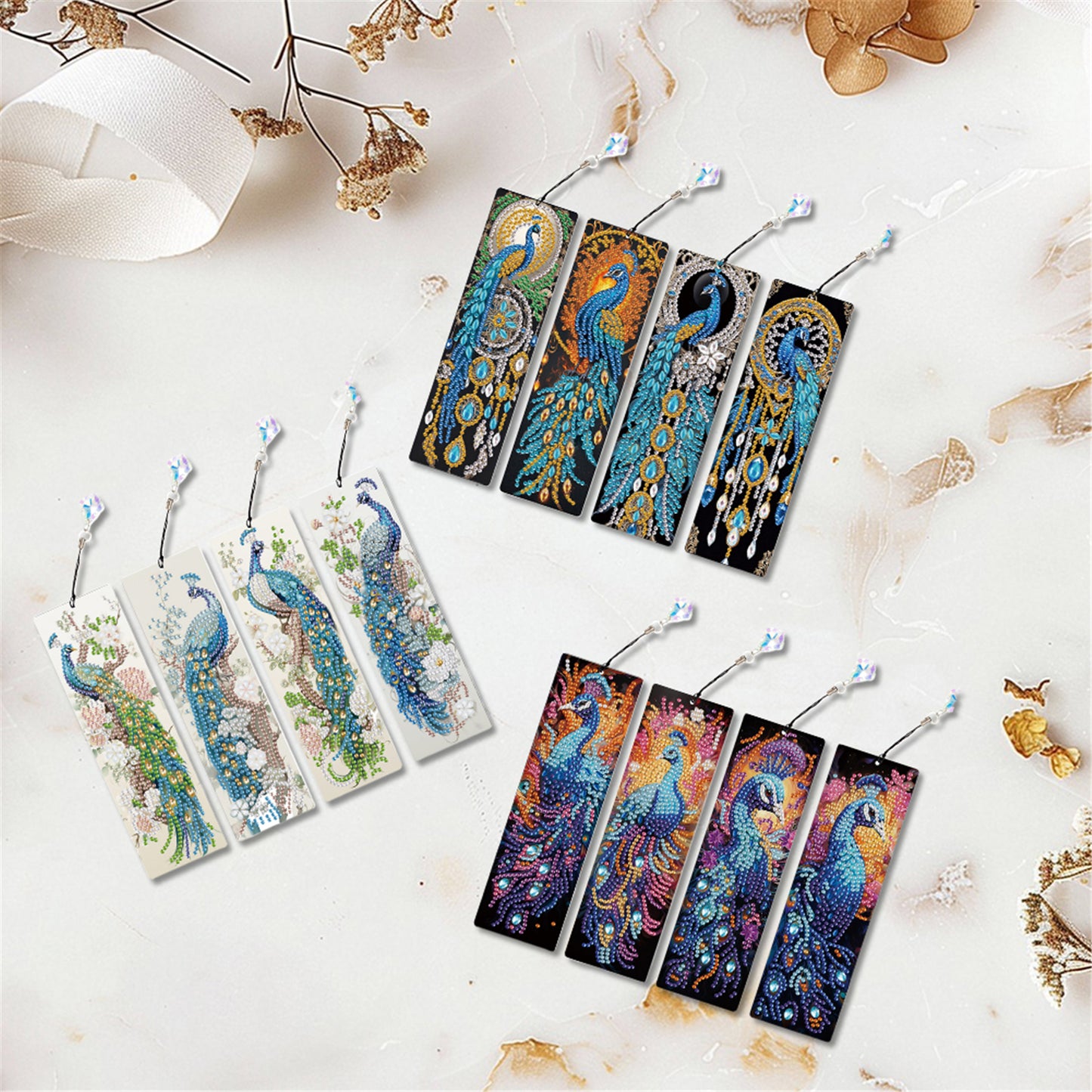 12Pcs Peacock DIY Diamond Painting Bookmark with Crystal Pendant for Readers
