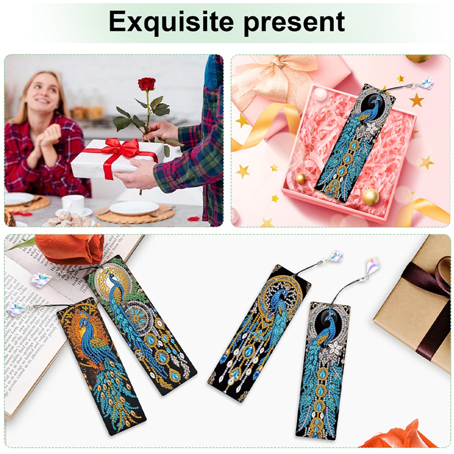 12Pcs Peacock DIY Diamond Painting Bookmark with Crystal Pendant for Readers