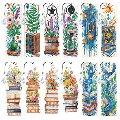 12Pcs Books DIY Diamond Painting Bookmark with Crystal Pendant for Book Decor