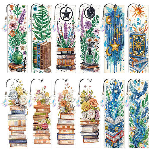 12Pcs Books DIY Diamond Painting Bookmark with Crystal Pendant for Book Decor