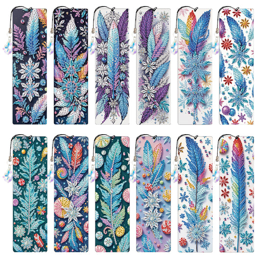 12Pcs Dreamy Feathers DIY Diamond Painting Bookmark with Crystal Pendant Decor