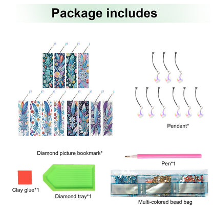 12Pcs Dreamy Feathers DIY Diamond Painting Bookmark with Crystal Pendant Decor