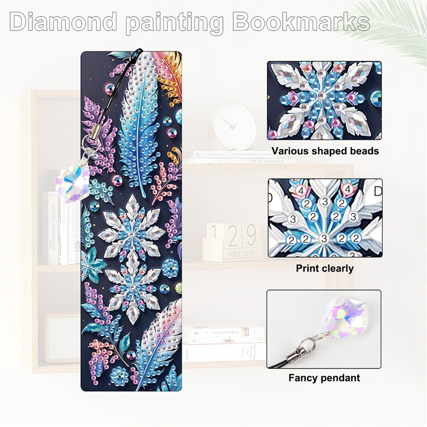 12Pcs Dreamy Feathers DIY Diamond Painting Bookmark with Crystal Pendant Decor