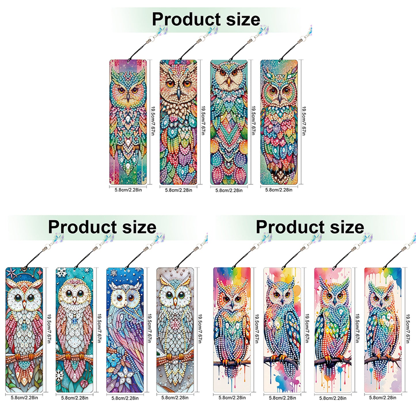 12Pcs Owl DIY Diamond Painting Bookmark with Crystal Pendant for Book Decor
