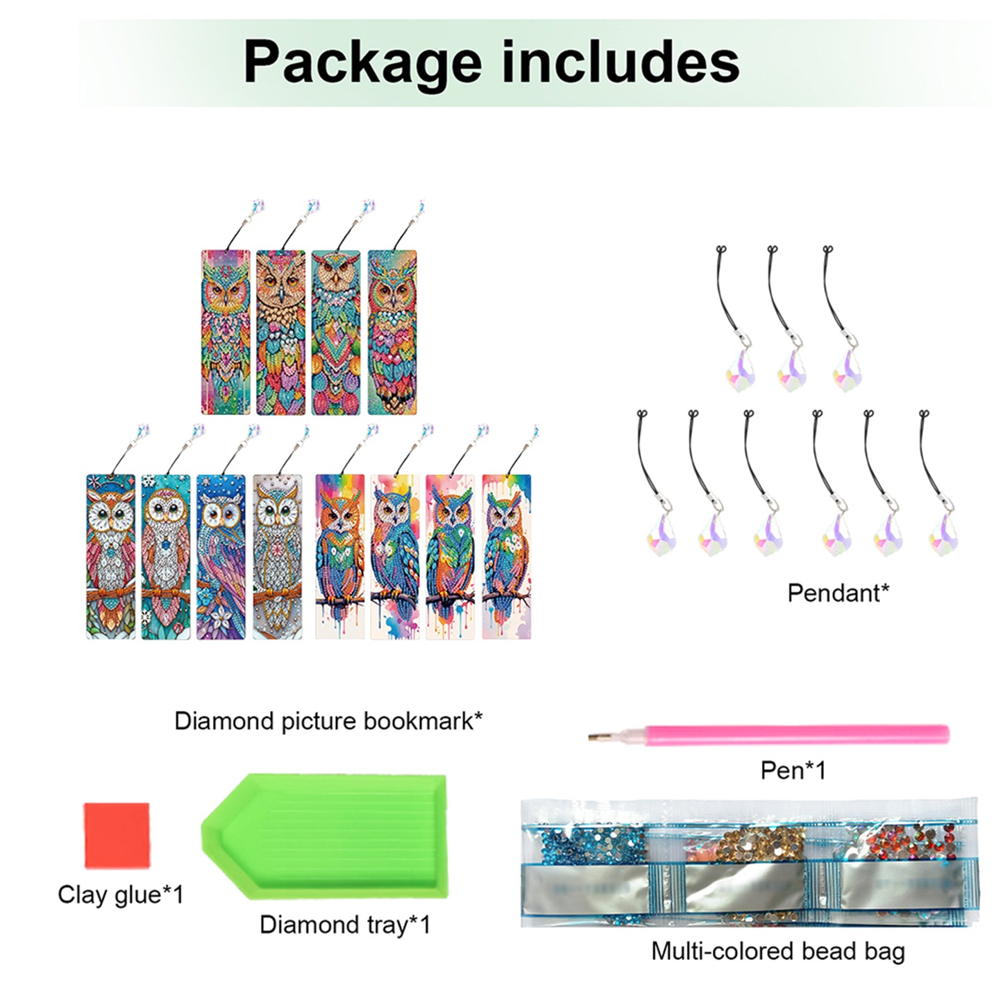 12Pcs Owl DIY Diamond Painting Bookmark with Crystal Pendant for Book Decor