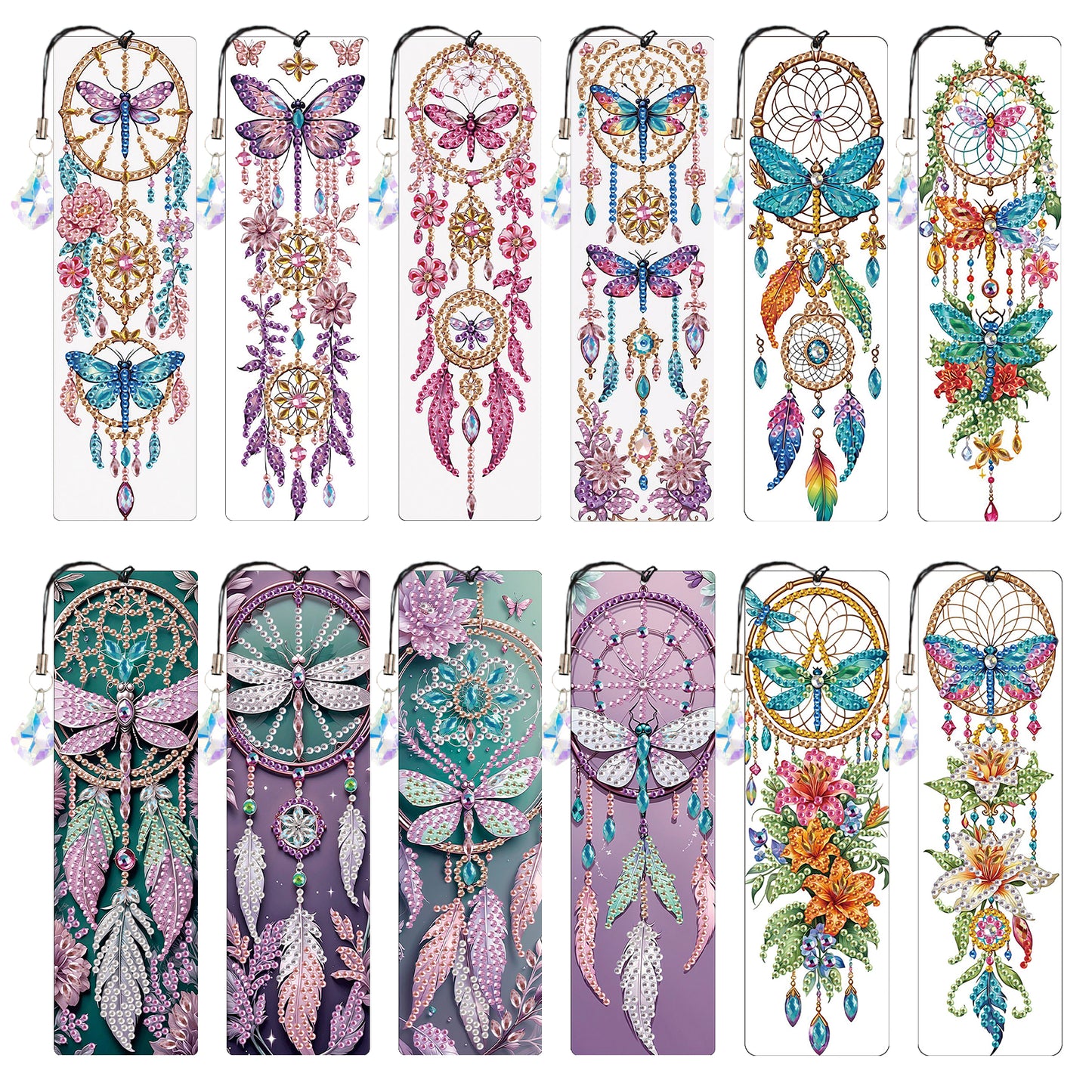 12Pcs Butterfly DIY Diamond Painting Bookmark with Crystal Pendant for Readers