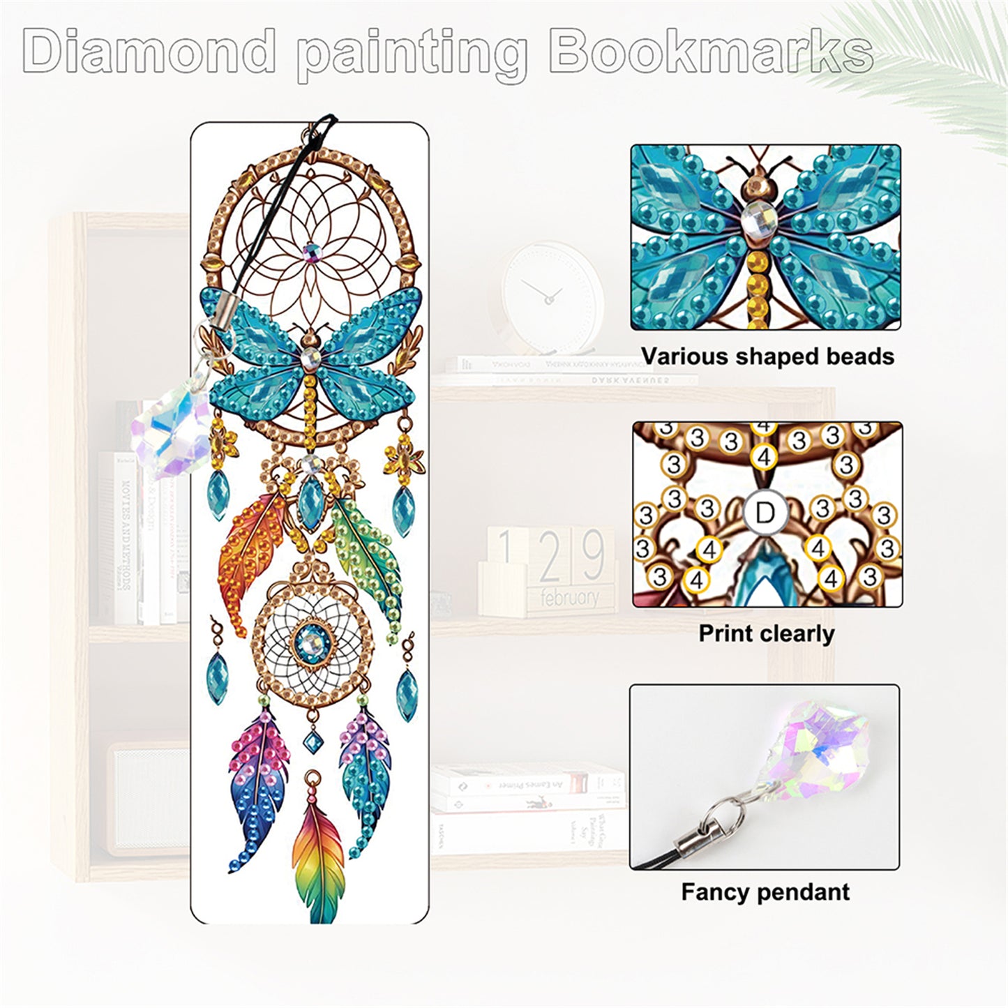 12Pcs Butterfly DIY Diamond Painting Bookmark with Crystal Pendant for Readers
