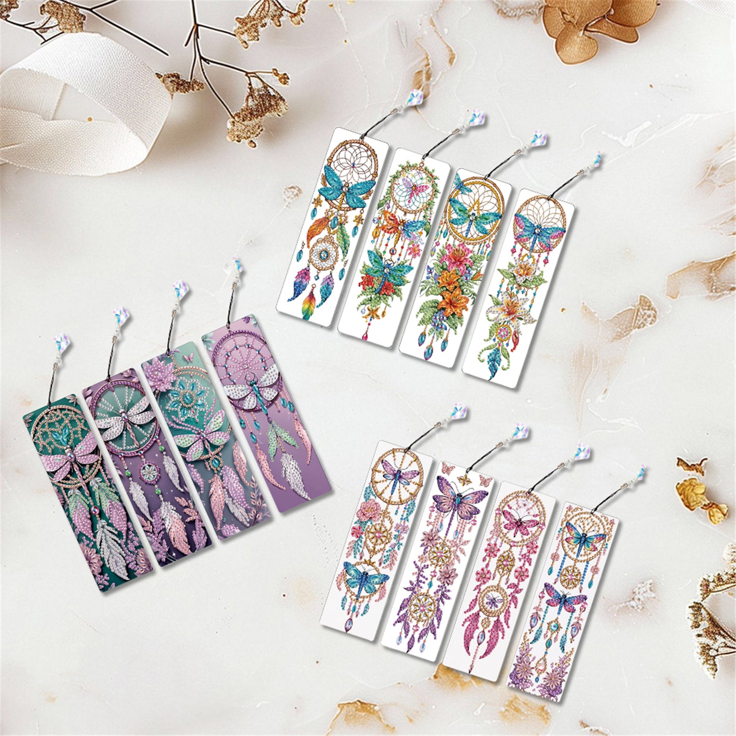 12Pcs Butterfly DIY Diamond Painting Bookmark with Crystal Pendant for Readers