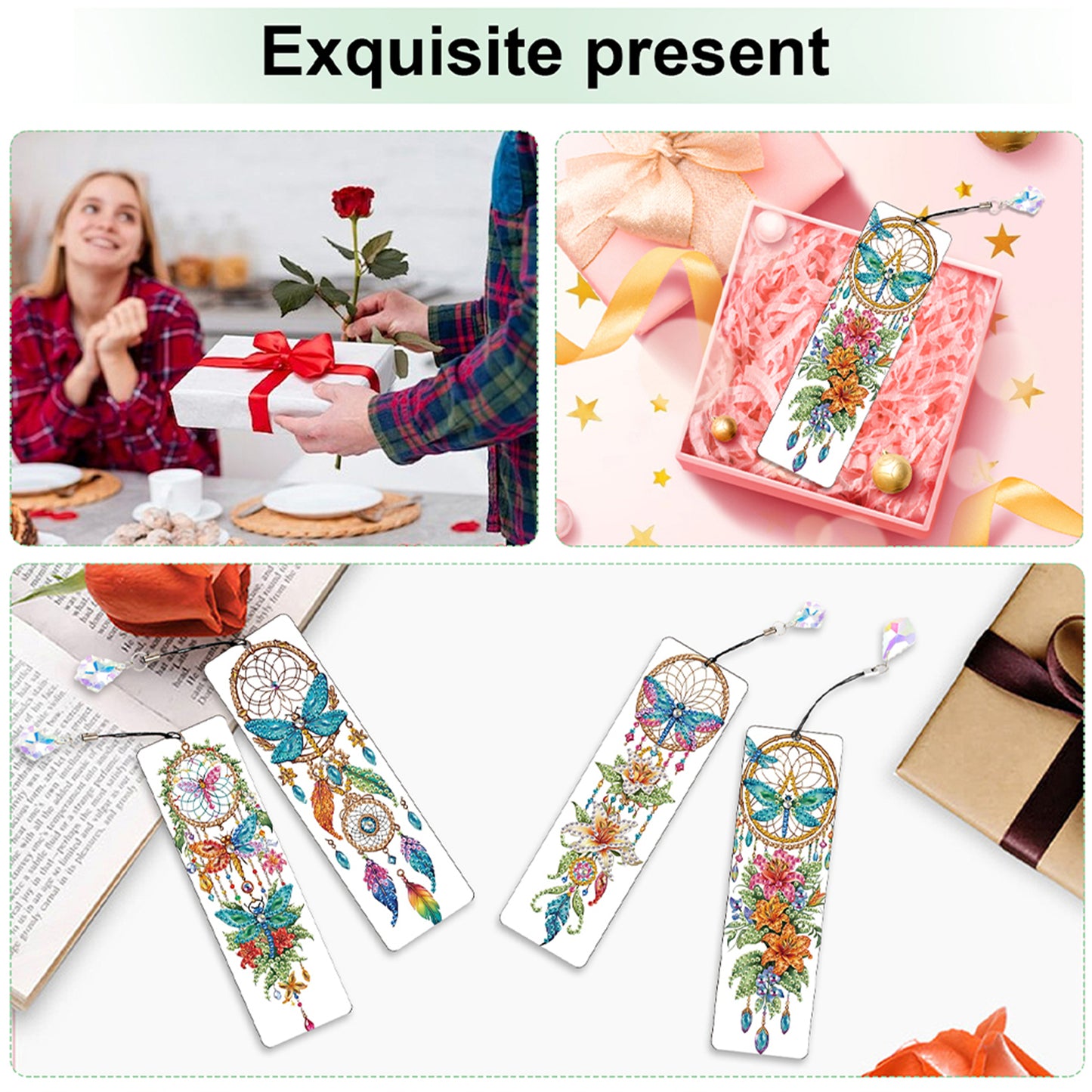 12Pcs Butterfly DIY Diamond Painting Bookmark with Crystal Pendant for Readers