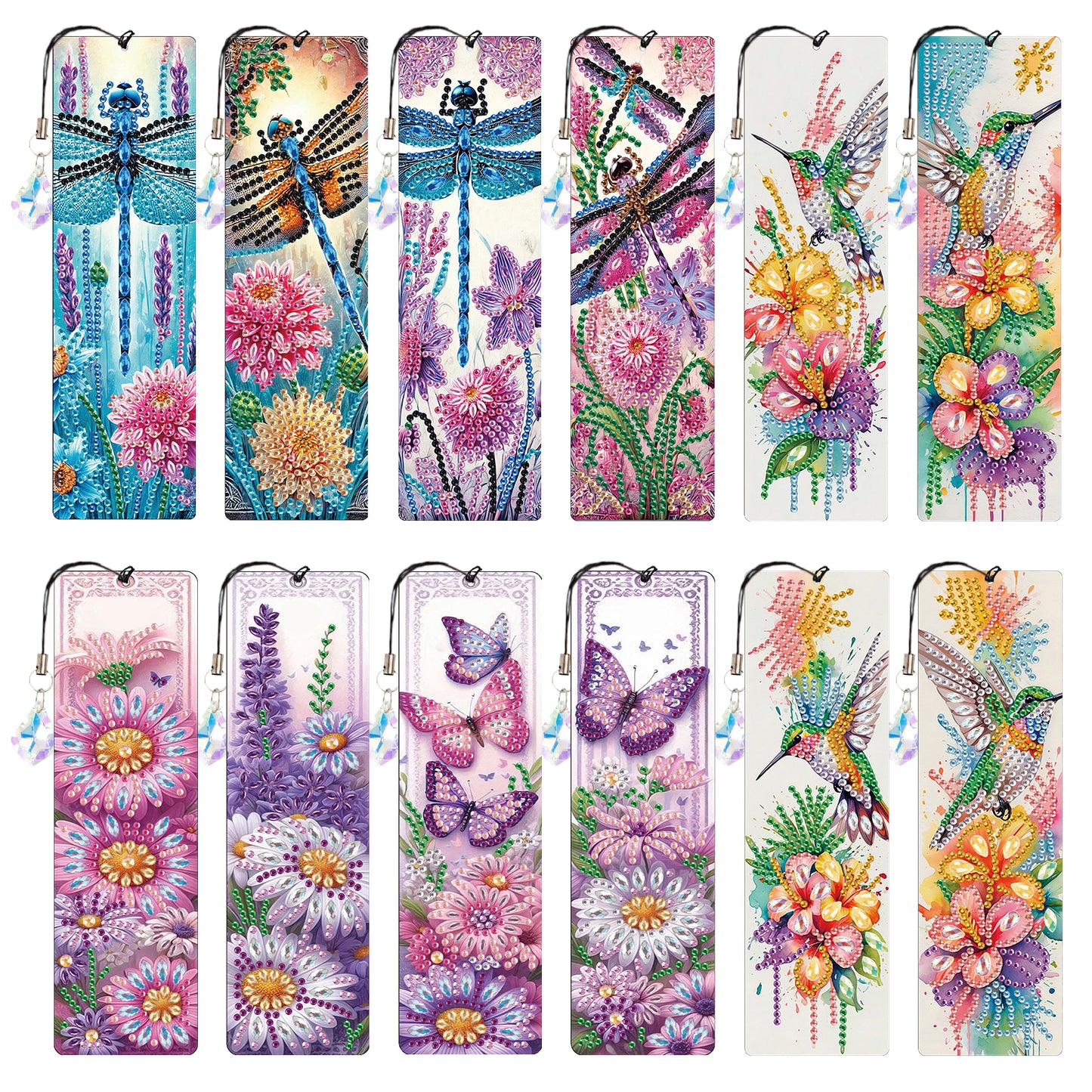 12Pcs Dragonfly DIY Diamond Painting Bookmark with Crystal Pendant for Readers