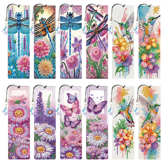 12Pcs Dragonfly DIY Diamond Painting Bookmark with Crystal Pendant for Readers