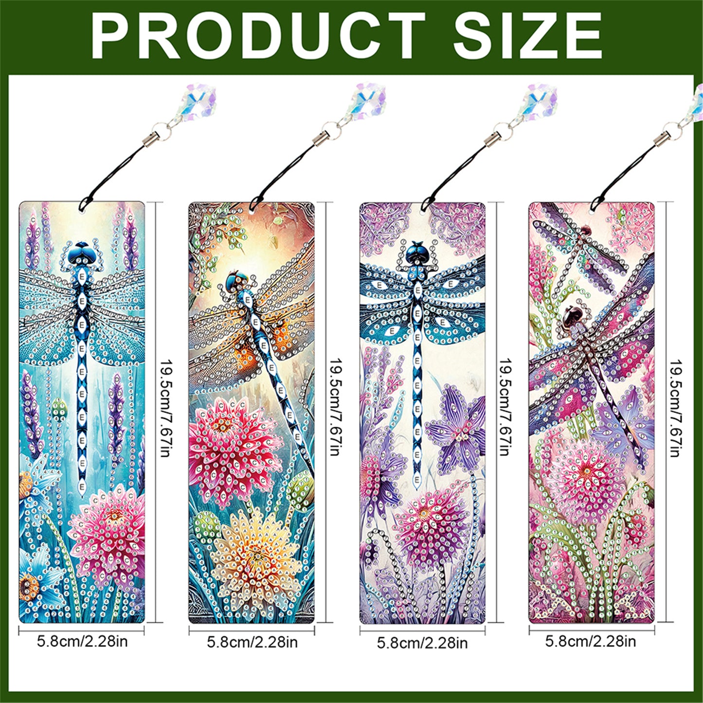 12Pcs Dragonfly DIY Diamond Painting Bookmark with Crystal Pendant for Readers