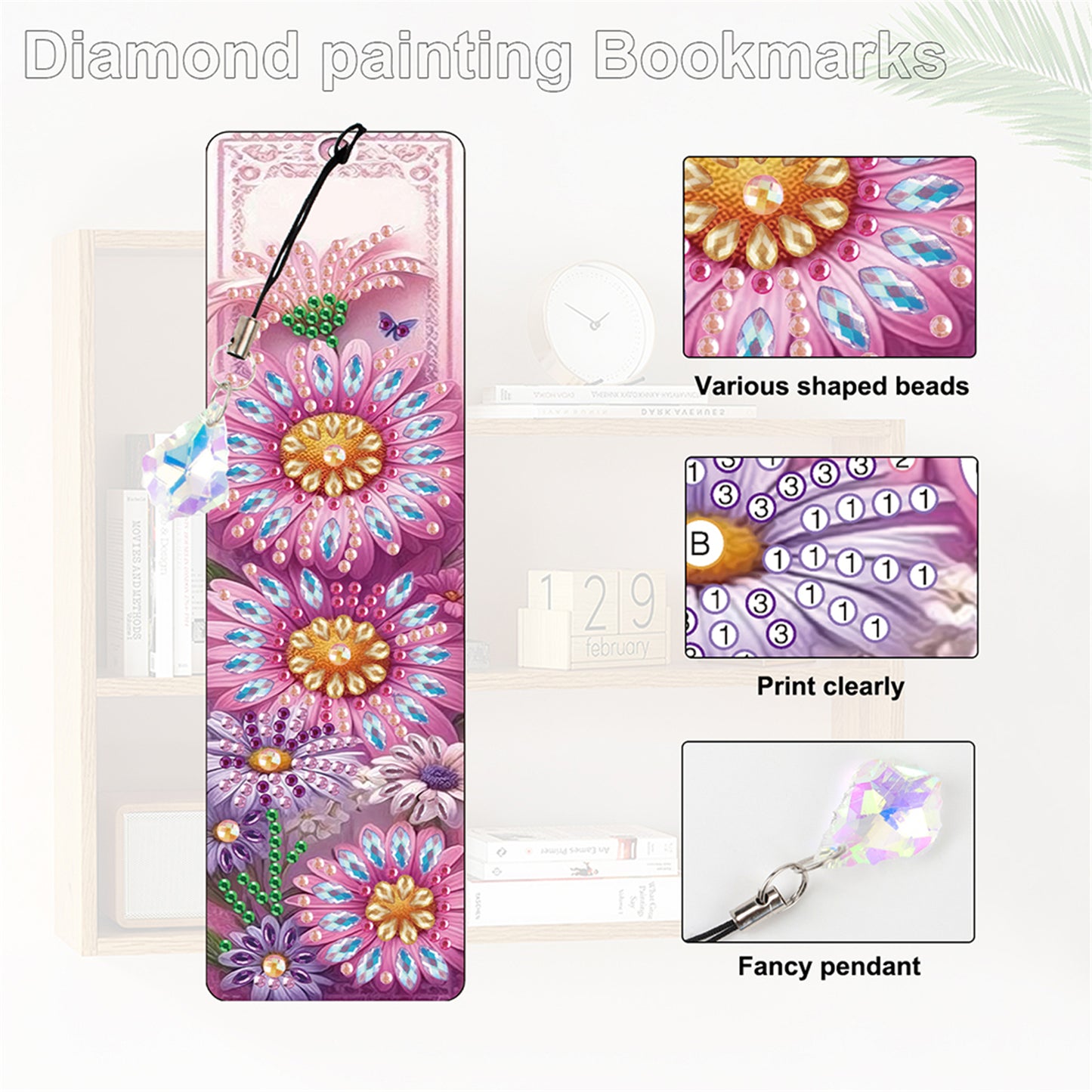 12Pcs Dragonfly DIY Diamond Painting Bookmark with Crystal Pendant for Readers