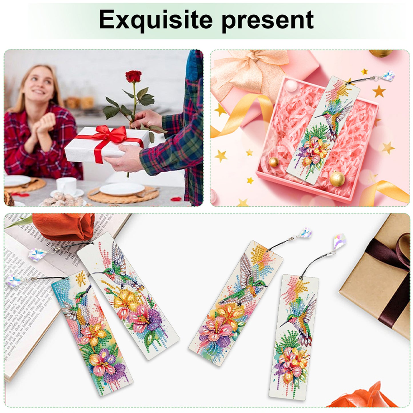 12Pcs Dragonfly DIY Diamond Painting Bookmark with Crystal Pendant for Readers