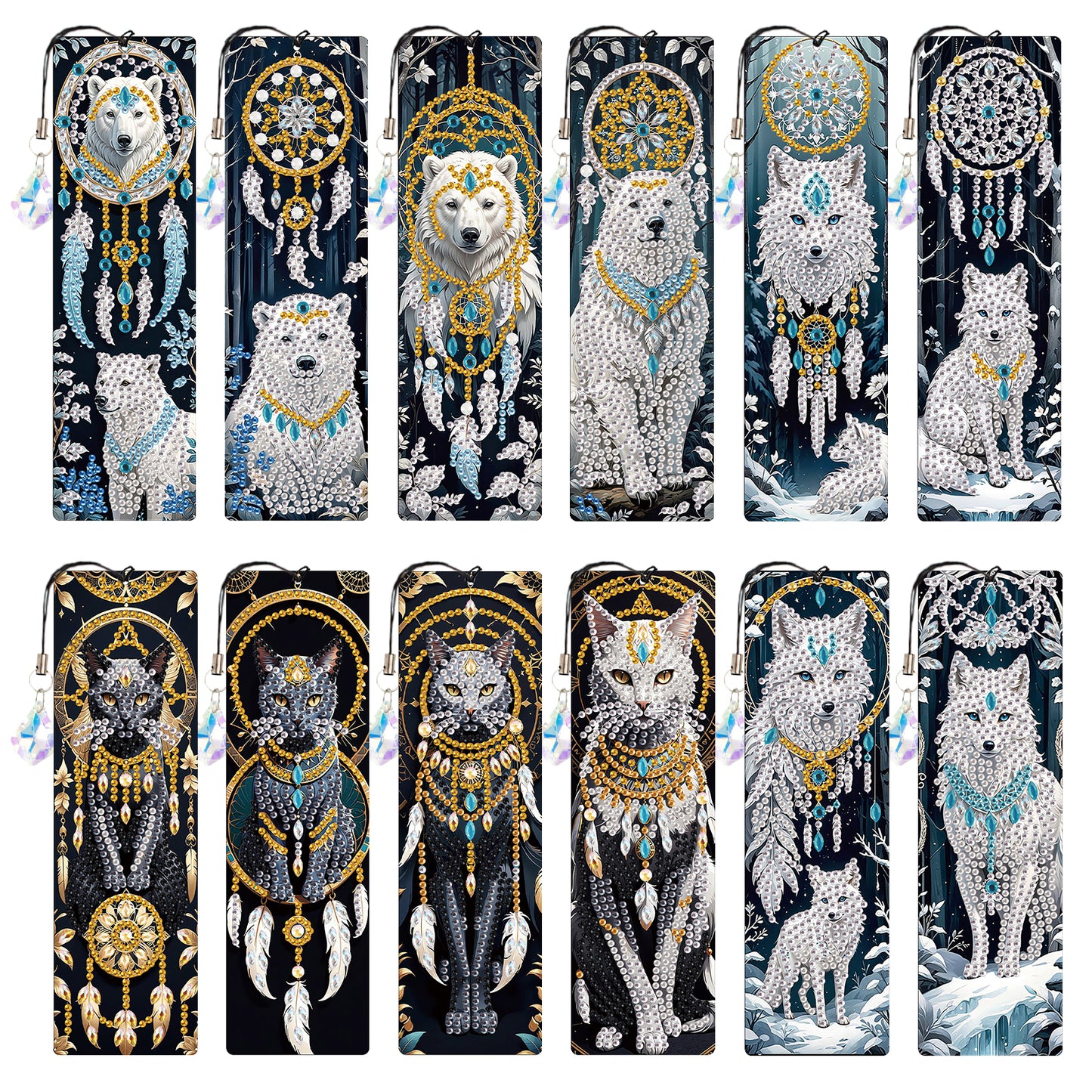 12Pcs Animals DIY Diamond Painting Bookmark with Crystal Pendant for Readers