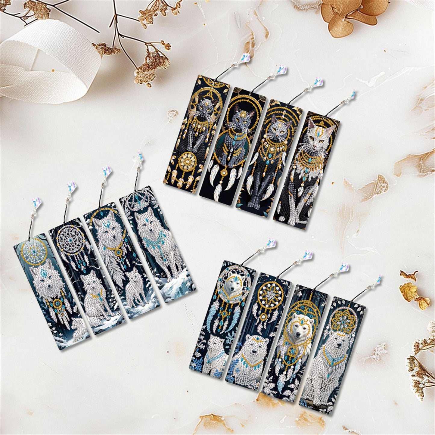12Pcs Animals DIY Diamond Painting Bookmark with Crystal Pendant for Readers