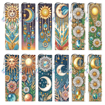 12Pcs Moon DIY Diamond Painting Bookmark with Crystal Pendant for Book Decor
