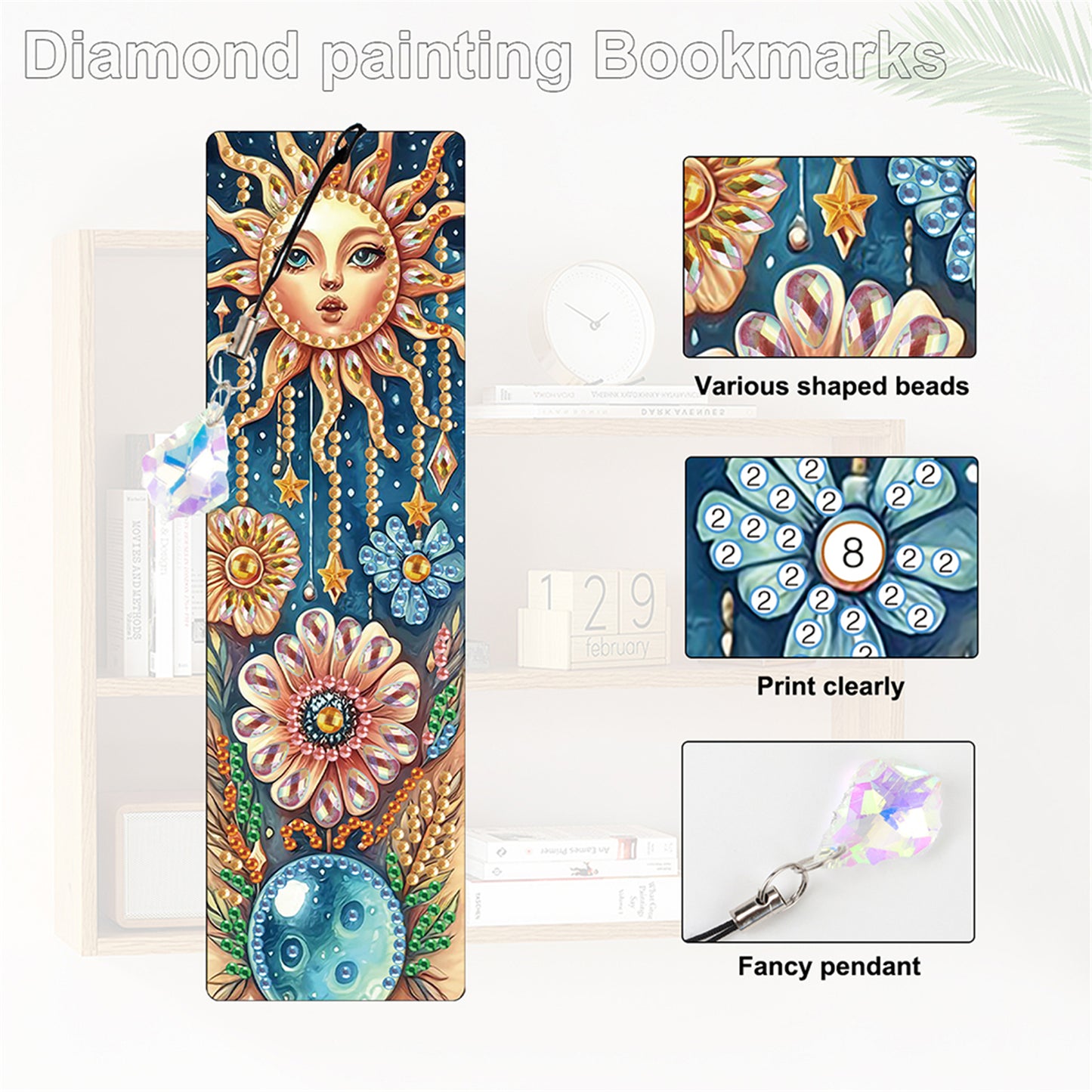 12Pcs Moon DIY Diamond Painting Bookmark with Crystal Pendant for Book Decor