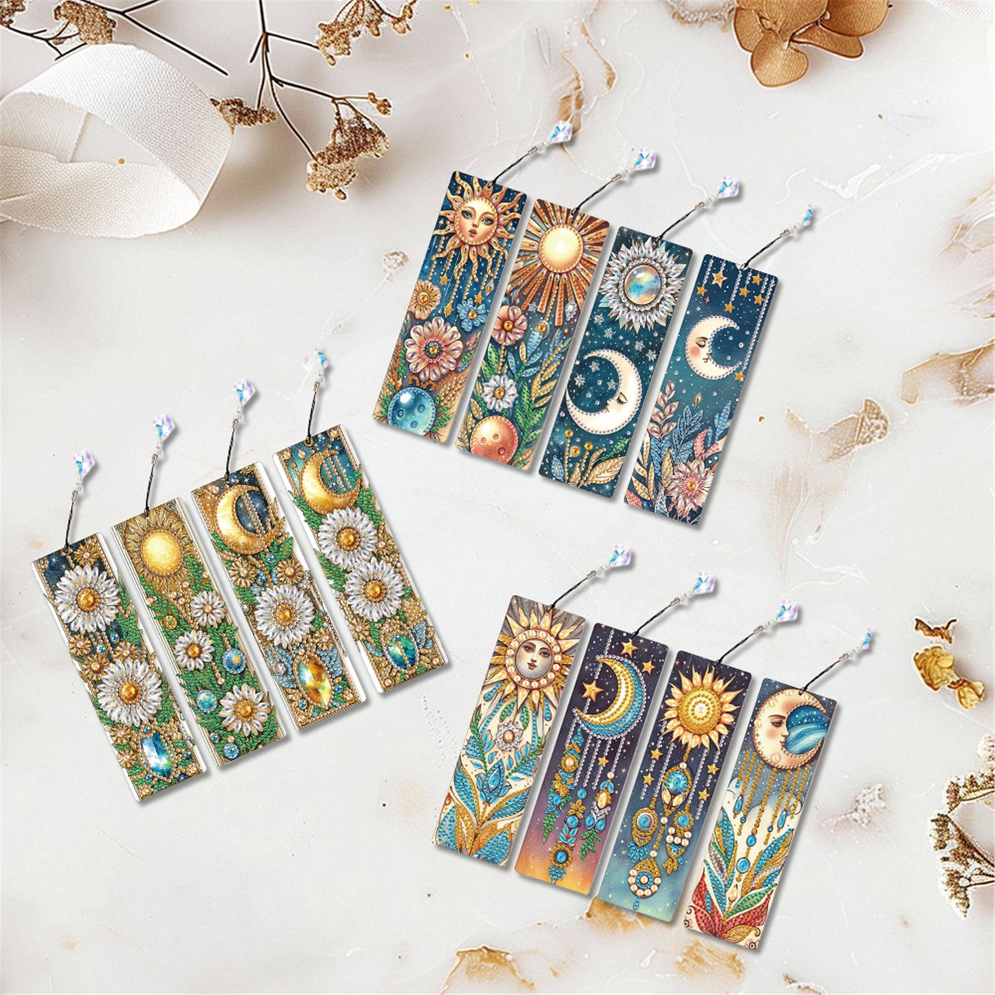 12Pcs Moon DIY Diamond Painting Bookmark with Crystal Pendant for Book Decor