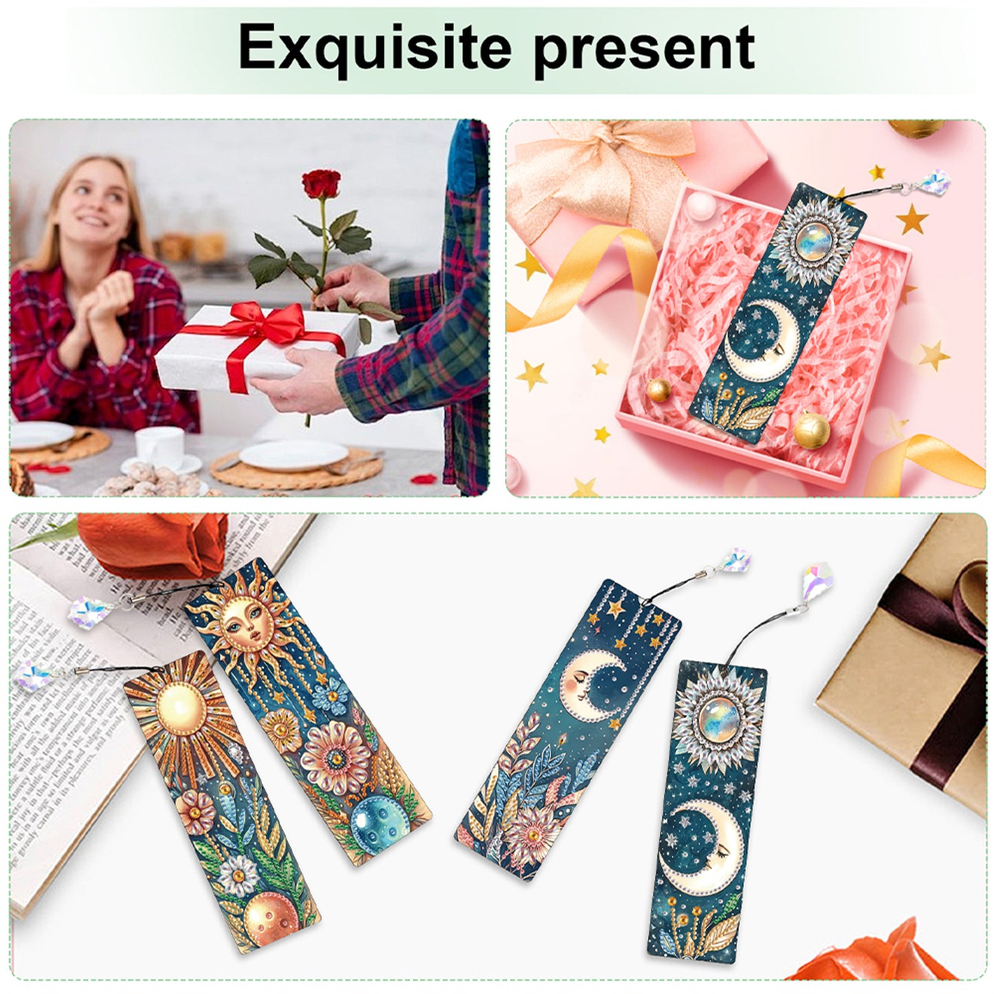 12Pcs Moon DIY Diamond Painting Bookmark with Crystal Pendant for Book Decor