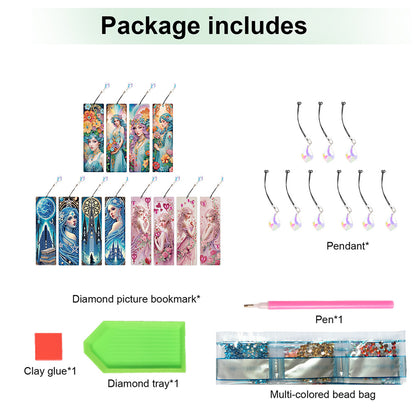 12Pcs Woman DIY Diamond Painting Bookmark with Crystal Pendant for Book Decor