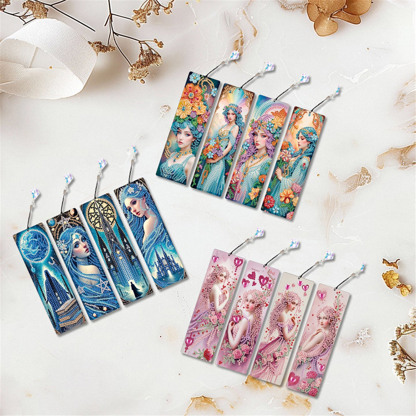 12Pcs Woman DIY Diamond Painting Bookmark with Crystal Pendant for Book Decor
