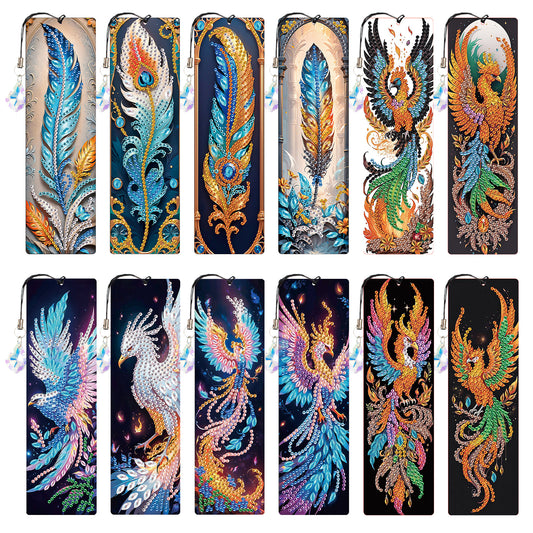 12Pcs Phoenix DIY Diamond Painting Bookmark with Crystal Pendant for Readers