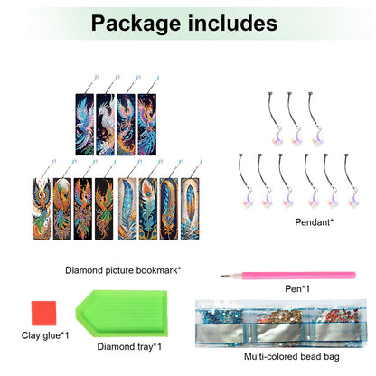 12Pcs Phoenix DIY Diamond Painting Bookmark with Crystal Pendant for Readers