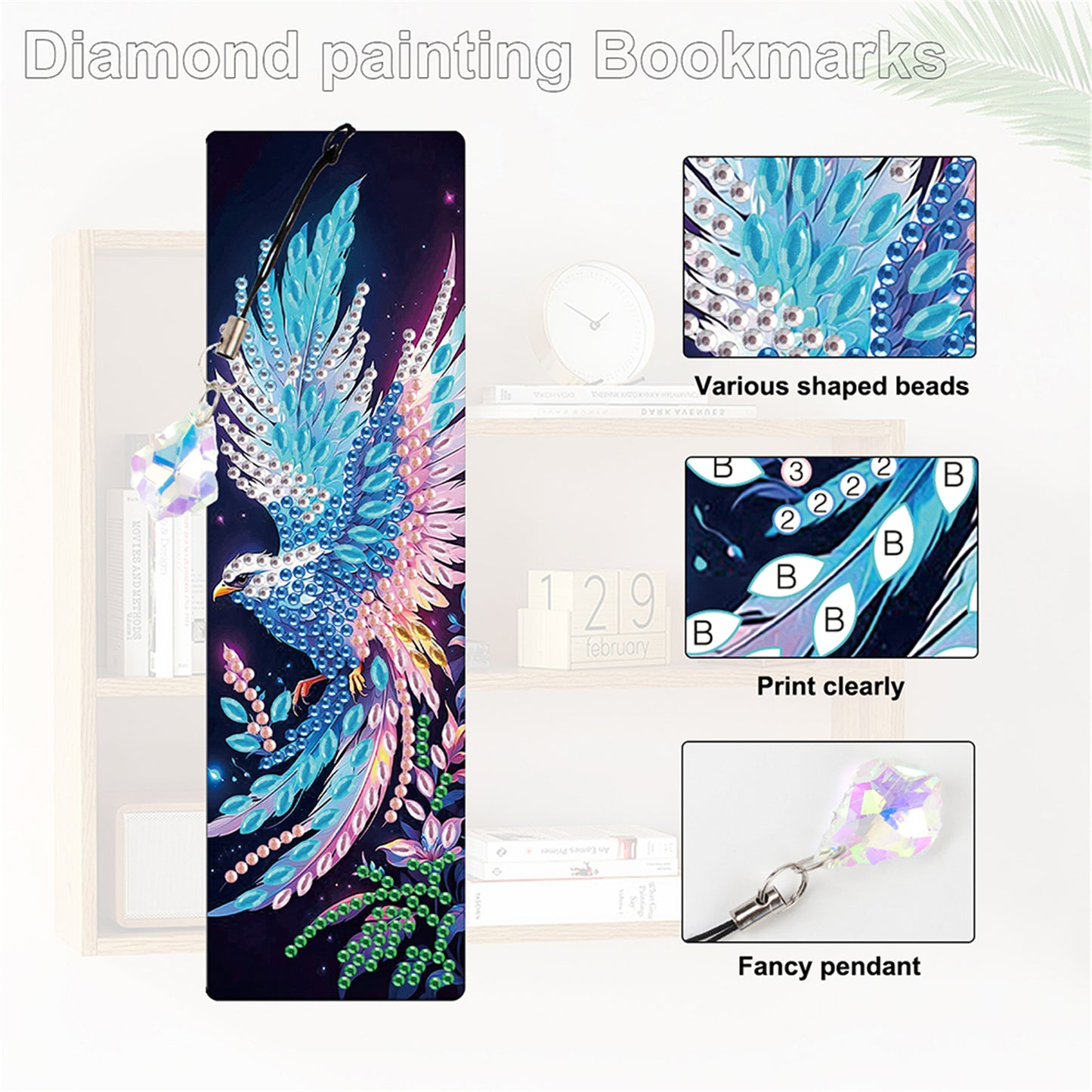 12Pcs Phoenix DIY Diamond Painting Bookmark with Crystal Pendant for Readers