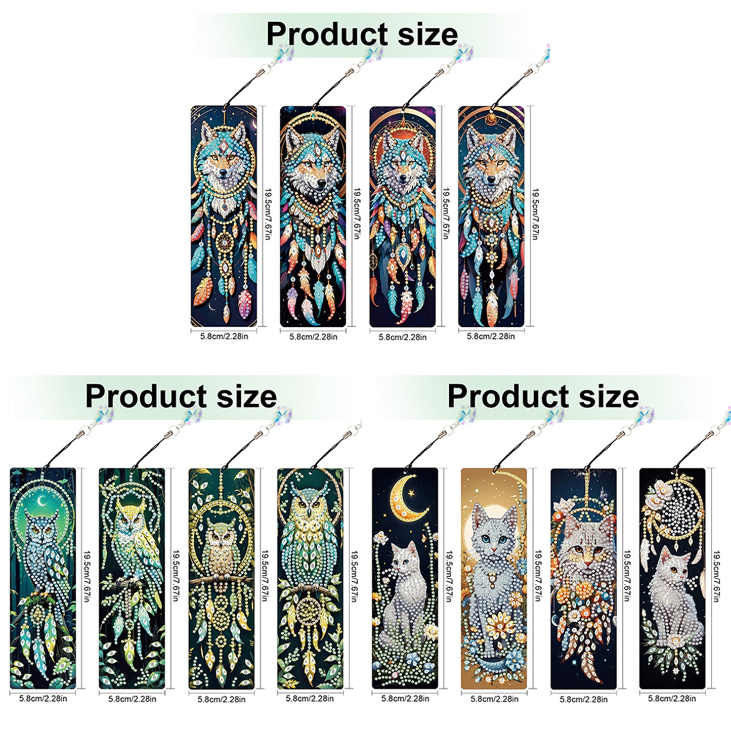 12Pcs Dreamcatcher Animals DIY Diamond Painting Bookmark with Crystal Pendant