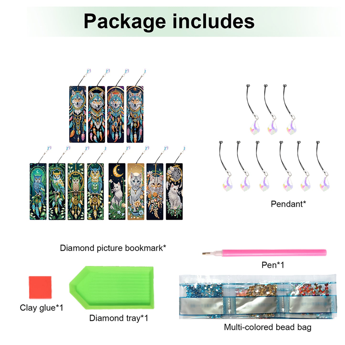 12Pcs Dreamcatcher Animals DIY Diamond Painting Bookmark with Crystal Pendant