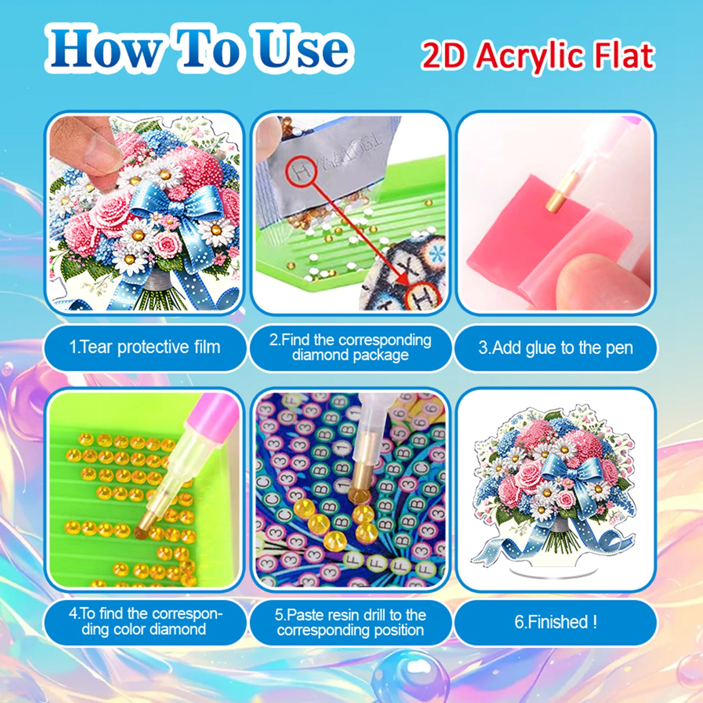 Blue Pink Flower DIY 2D Flat Acrylic Diamond Painting Home Tabletop Ornament Kit