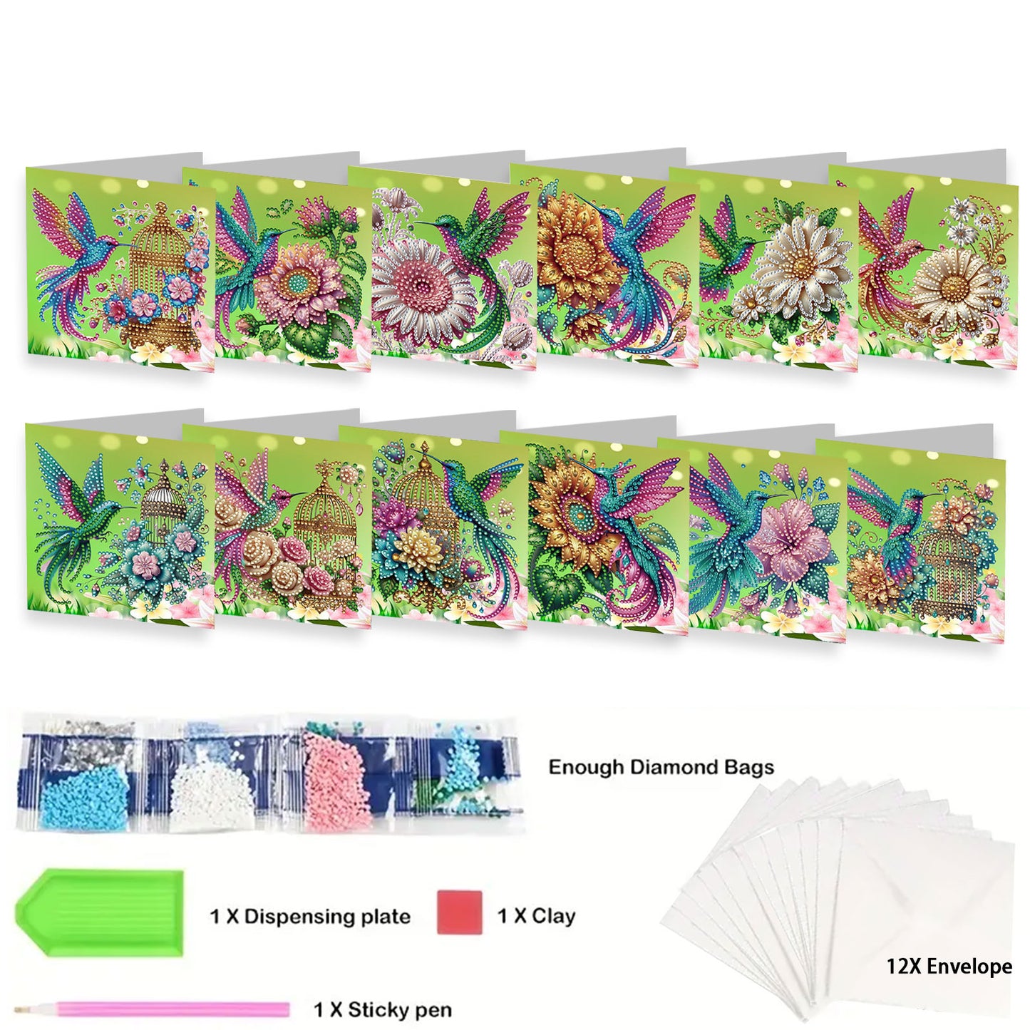12Pcs Hummingbird Flower DIY Diamond Painting Greeting Card Kit for Adults Gifts