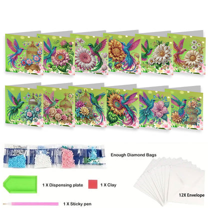 12Pcs Hummingbird Flower DIY Diamond Painting Greeting Card Kit for Adults Gifts