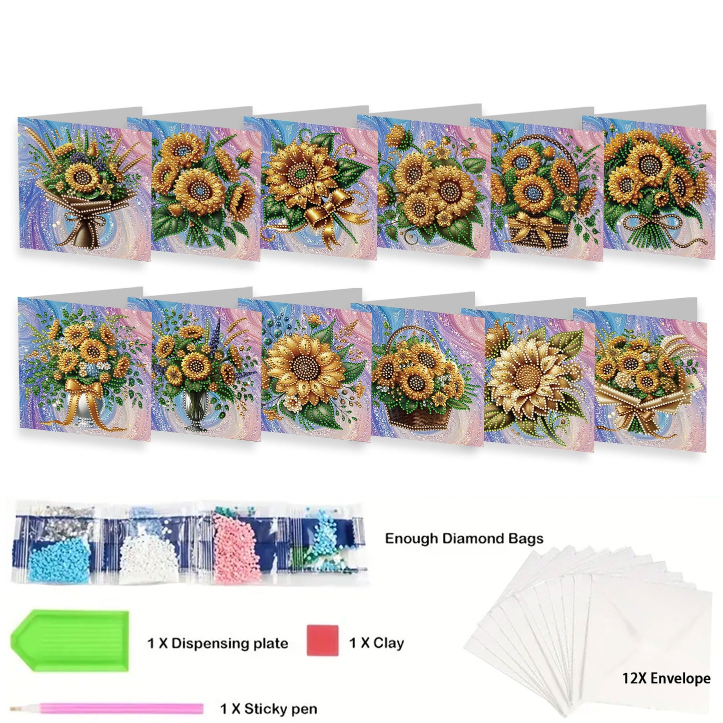 12 Packs Sunflower DIY Diamond Painting Greeting Card Kit for Adults Gifts