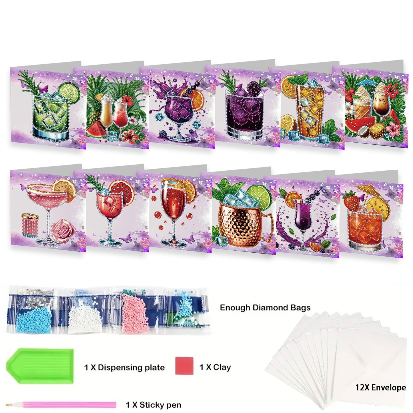 12 Packs Fruit Juice DIY Diamond Painting Greeting Card Kit for Adults Gifts