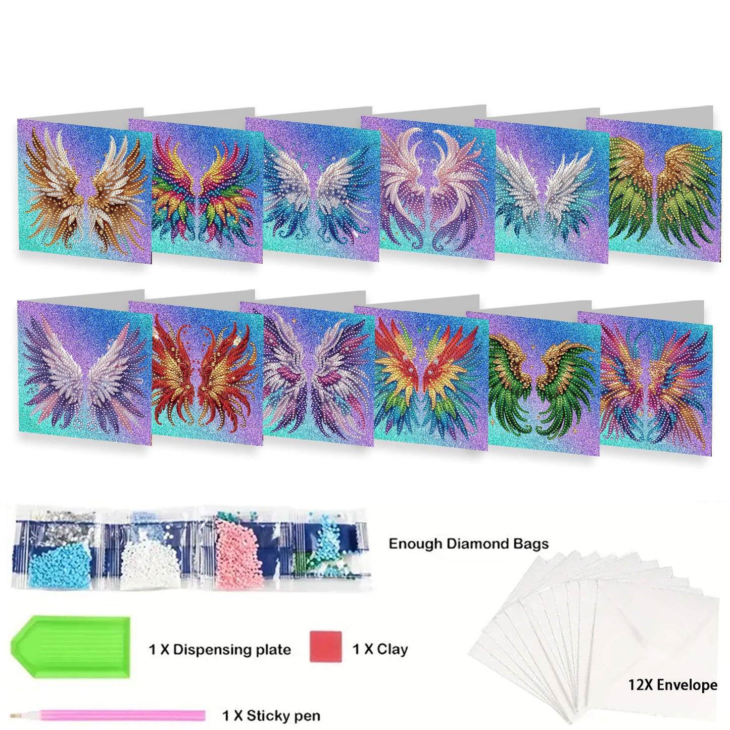 12 Packs Angel Wings DIY Diamond Painting Greeting Card Kit for Adults Gifts