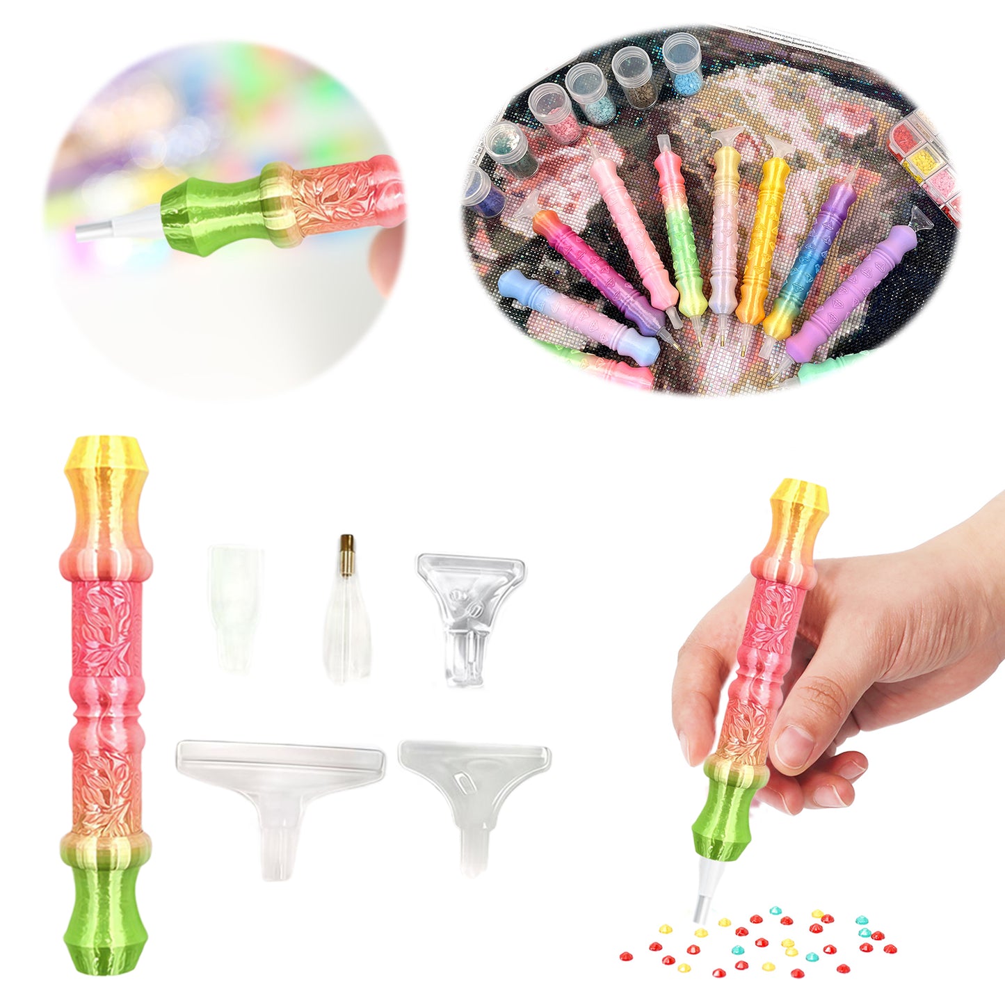 Diamond Painting Pen with 5 Tips 5D Diamond Painting Tools (Yellow Pink Green)