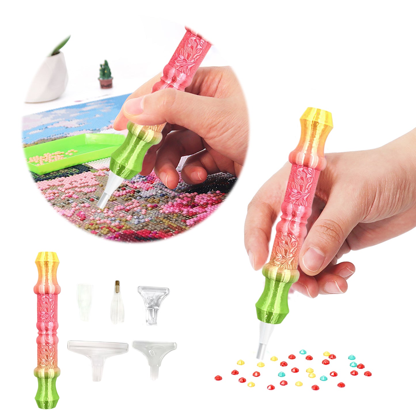 Diamond Painting Pen with 5 Tips 5D Diamond Painting Tools (Yellow Pink Green)