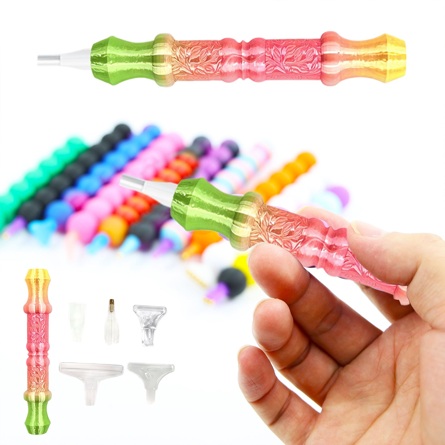 Diamond Painting Pen with 5 Tips 5D Diamond Painting Tools (Yellow Pink Green)